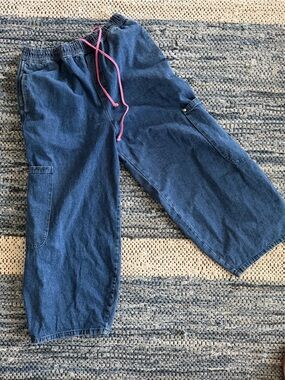 MEALS Chef Pants - Blue Denim Jogger Jeans with Pink Drawstring